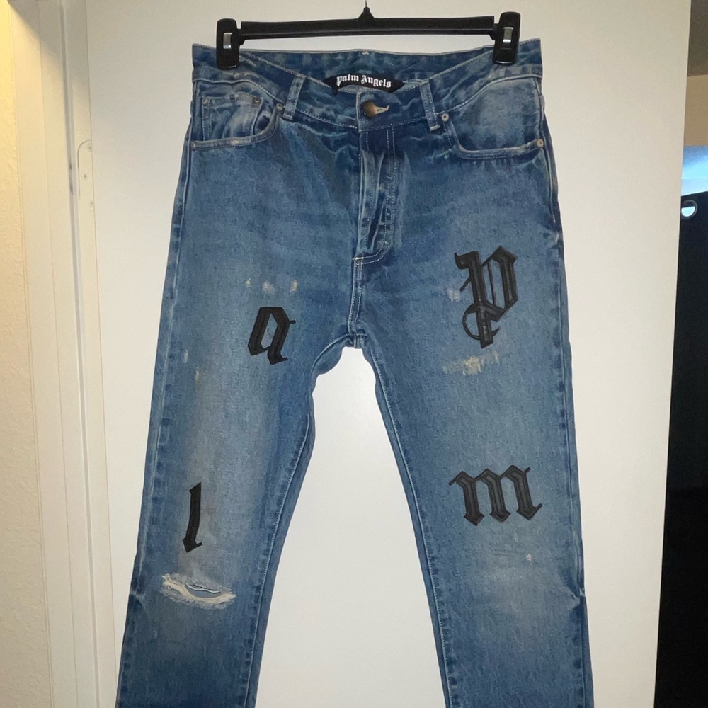Palm Angels Blue Jeans with Black Gothic Letters